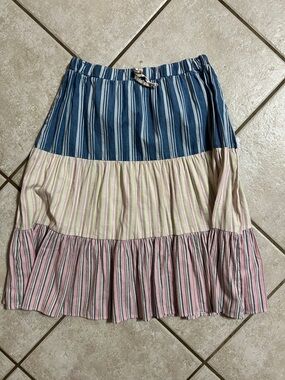 wonder nation Blue, Cream & Pink Striped Tiered Midi Skirt